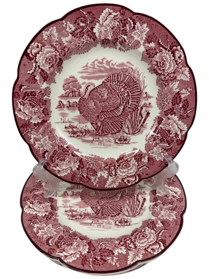(4) Vintage Woods Burslem England Red Transferware Turkey Dinner Plates 10.75'W (RSF)