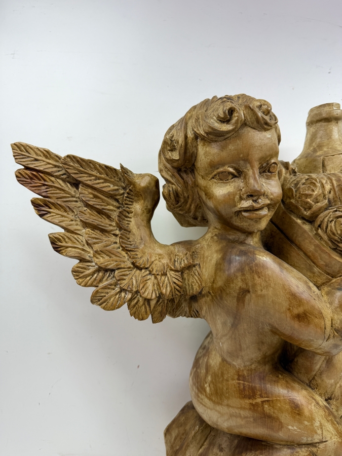 Large Vintage Hand-Carved Wooden Cherub Wall Applique Holding Basket Of Fruit And Wine 18'W X ^'D X 21.5'H [Photo 5]