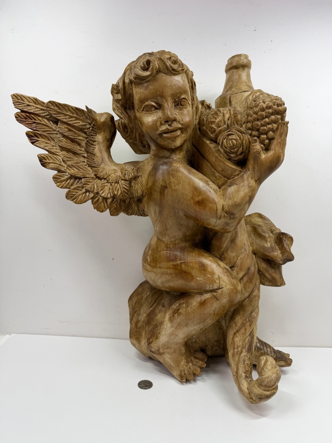 Large Vintage Hand-Carved Wooden Cherub Wall Applique Holding Basket Of Fruit And Wine 18'W X ^'D X 21.5'H [Photo 3]