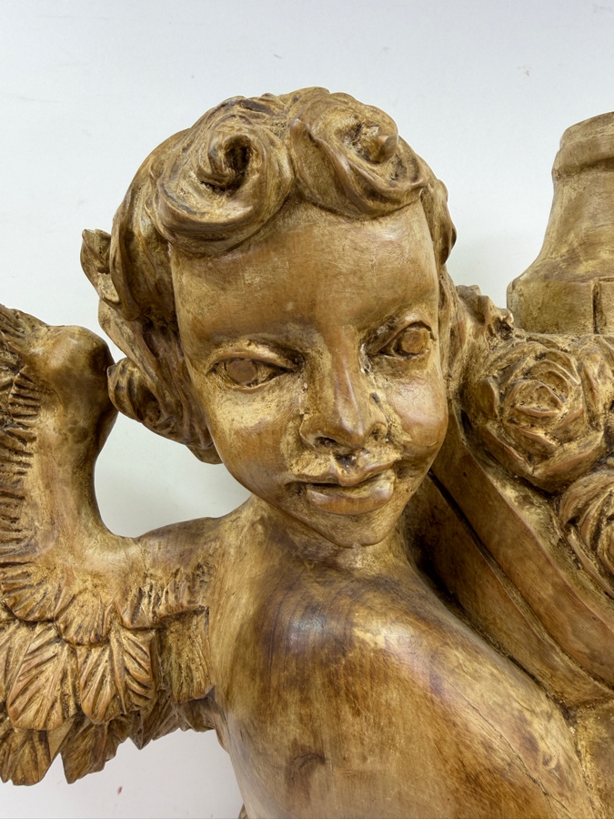 Large Vintage Hand-Carved Wooden Cherub Wall Applique Holding Basket Of Fruit And Wine 18'W X ^'D X 21.5'H [Photo 4]