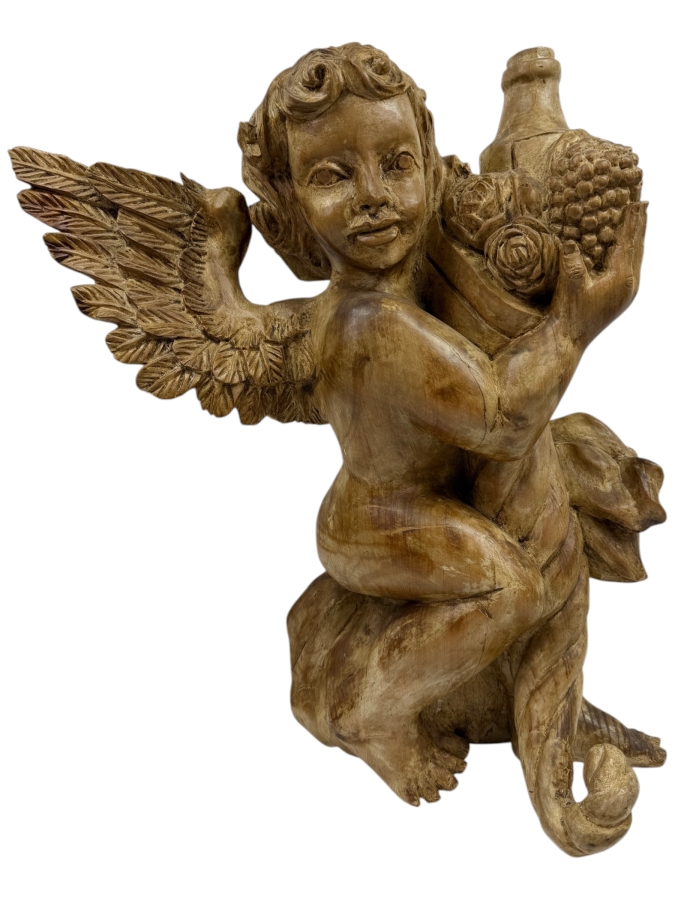 Large Vintage Hand-Carved Wooden Cherub Wall Applique Holding Basket Of Fruit And Wine 18'W X ^'D X 21.5'H