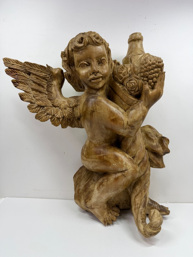 Large Vintage Hand-Carved Wooden Cherub Wall Applique Holding Basket Of Fruit And Wine 18'W X ^'D X 21.5'H [Photo 2]