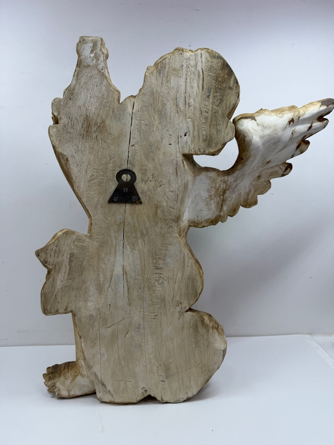 Large Vintage Hand-Carved Wooden Cherub Wall Applique Holding Basket Of Fruit And Wine 18'W X ^'D X 21.5'H [Photo 8]