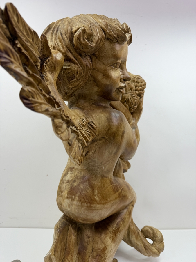 Large Vintage Hand-Carved Wooden Cherub Wall Applique Holding Basket Of Fruit And Wine 18'W X ^'D X 21.5'H [Photo 7]