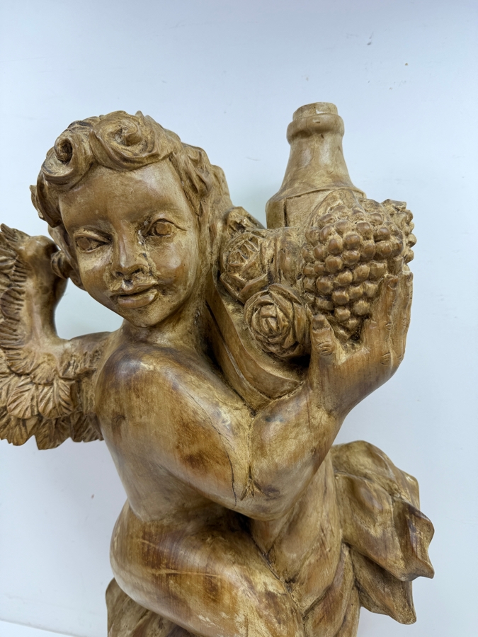 Large Vintage Hand-Carved Wooden Cherub Wall Applique Holding Basket Of Fruit And Wine 18'W X ^'D X 21.5'H [Photo 6]