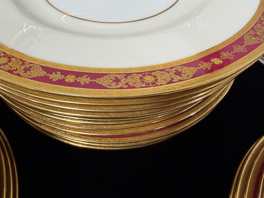 Antique Minton H3995 For Tiffany & Co. Fine China Dinner Service Set With Gold Encrusted Burgundy Rim (RSF) [Photo 4]