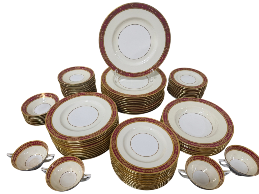 Antique Minton H3995 For Tiffany & Co. Fine China Dinner Service Set With Gold Encrusted Burgundy Rim (RSF) [Photo 12]