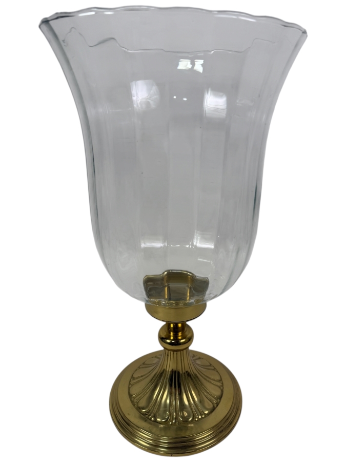 Vintage Decorative Crafts Inc. Model 4216L Lacquered Brass And Scalloped Glass Hurricane Candle Holder 18'H
