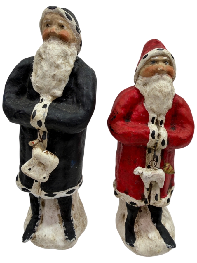 Pair of Vintage 1996 Signed Debbee Thibault Limited Edition Hand-Painted Paper Composition Santa Claus Belsnickel Figurines, Numbers 187 and 455 of 2500, Original Retired American Folk Art Collection Pieces 6.5 - 7'H