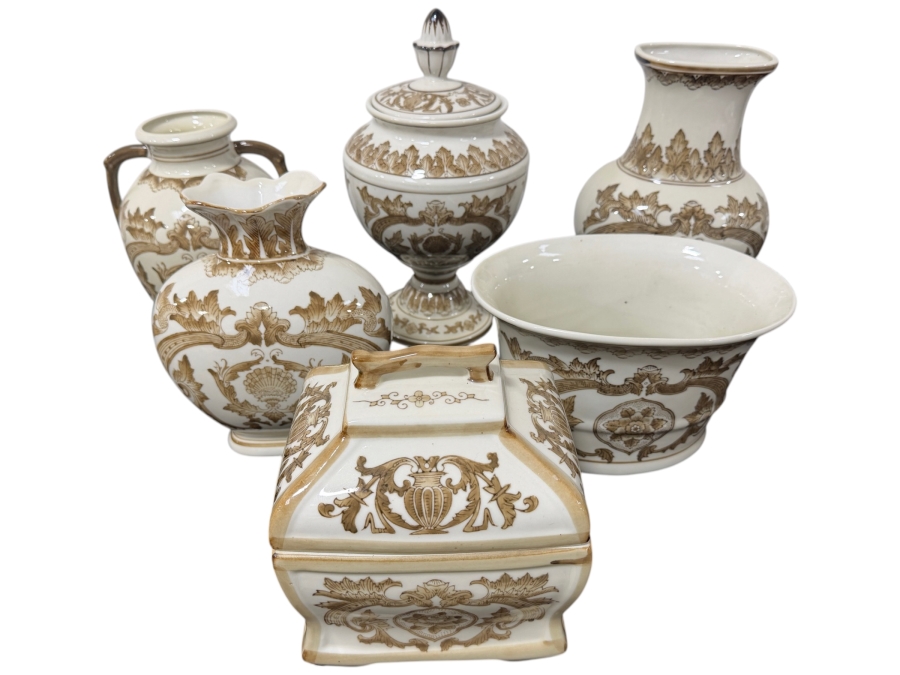 Set Of Contemporary Chinese White And Brown Floral Porcelain Decorative Lidded Boxes And Urns 6'H - 14'H