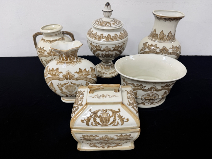 Set Of Contemporary Chinese White And Brown Floral Porcelain Decorative Lidded Boxes And Urns 6'H - 14'H [Photo 2]