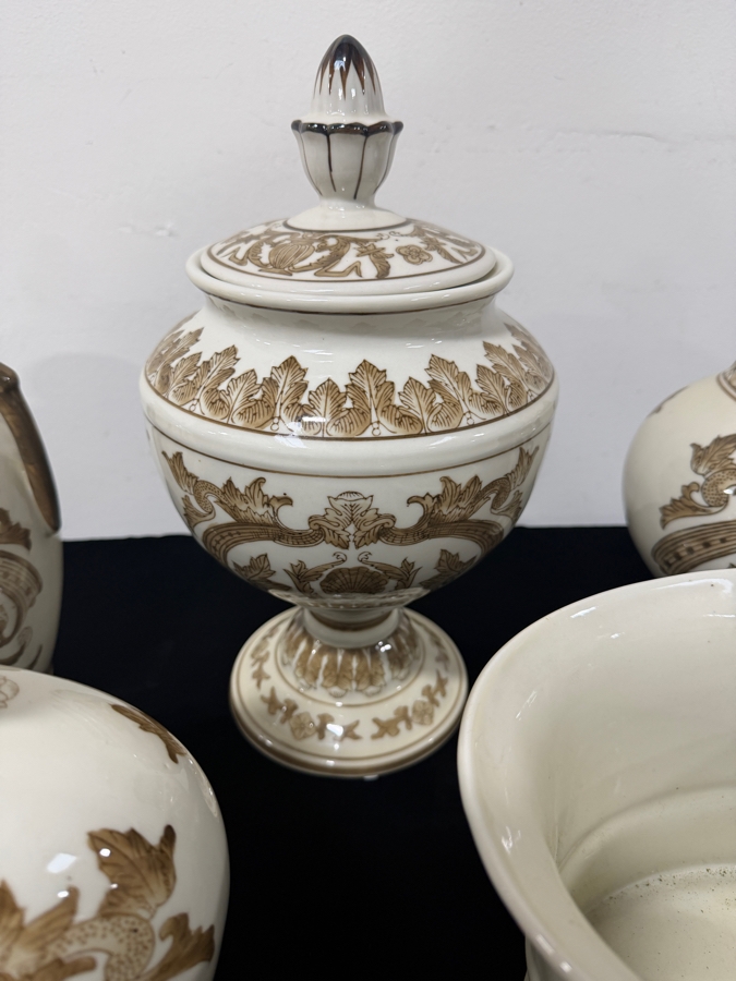Set Of Contemporary Chinese White And Brown Floral Porcelain Decorative Lidded Boxes And Urns 6'H - 14'H [Photo 3]