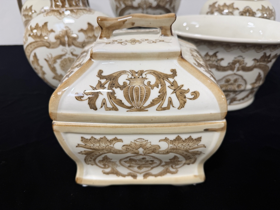 Set Of Contemporary Chinese White And Brown Floral Porcelain Decorative Lidded Boxes And Urns 6'H - 14'H [Photo 5]