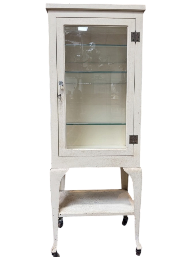 Just Added - Antique Early 20th Century White Painted Steel Medical Or Dental Vitrine Cabinet Featuring A Single Locking Glass Door, Three Interior Thick Beveled Glass Shelves, Lower Open Shelf, And Curved Cabriole Legs 22'W X 15'D X 59'H