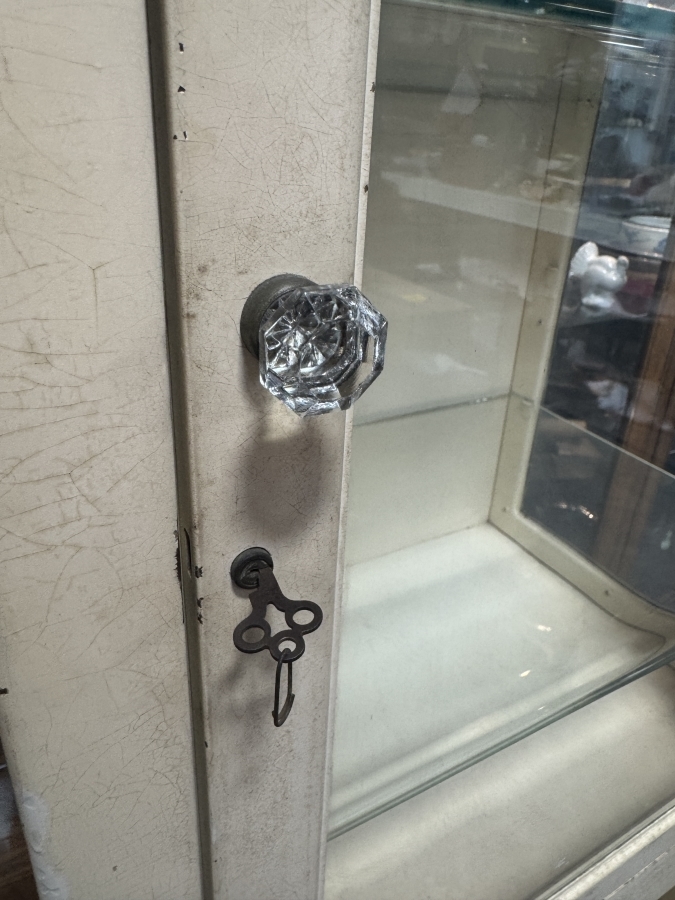 Just Added - Antique Early 20th Century White Painted Steel Medical Or Dental Vitrine Cabinet Featuring A Single Locking Glass Door, Three Interior Thick Beveled Glass Shelves, Lower Open Shelf, And Curved Cabriole Legs 22'W X 15'D X 59'H [Photo 3]