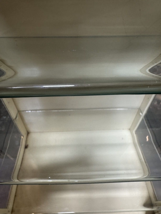 Just Added - Antique Early 20th Century White Painted Steel Medical Or Dental Vitrine Cabinet Featuring A Single Locking Glass Door, Three Interior Thick Beveled Glass Shelves, Lower Open Shelf, And Curved Cabriole Legs 22'W X 15'D X 59'H [Photo 4]