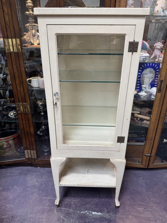 Just Added - Antique Early 20th Century White Painted Steel Medical Or Dental Vitrine Cabinet Featuring A Single Locking Glass Door, Three Interior Thick Beveled Glass Shelves, Lower Open Shelf, And Curved Cabriole Legs 22'W X 15'D X 59'H [Photo 2]