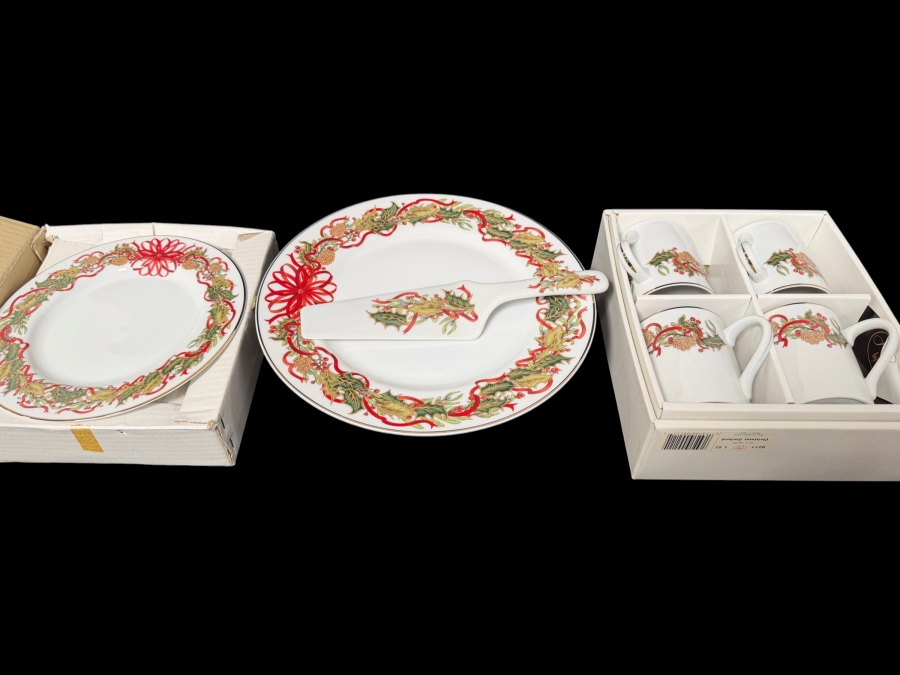 Andrea By Sadek 1994 'Christmas Garland' Porcelain Tableware Collection Featuring A 10.5-Inch Cake Plate With Matching Server And A Set Of Four 10-Ounce Gold-Trimmed Mugs