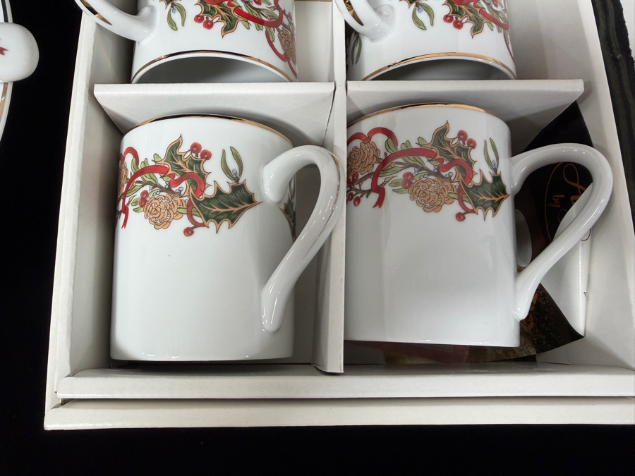 Andrea By Sadek 1994 'Christmas Garland' Porcelain Tableware Collection Featuring A 10.5-Inch Cake Plate With Matching Server And A Set Of Four 10-Ounce Gold-Trimmed Mugs [Photo 3]