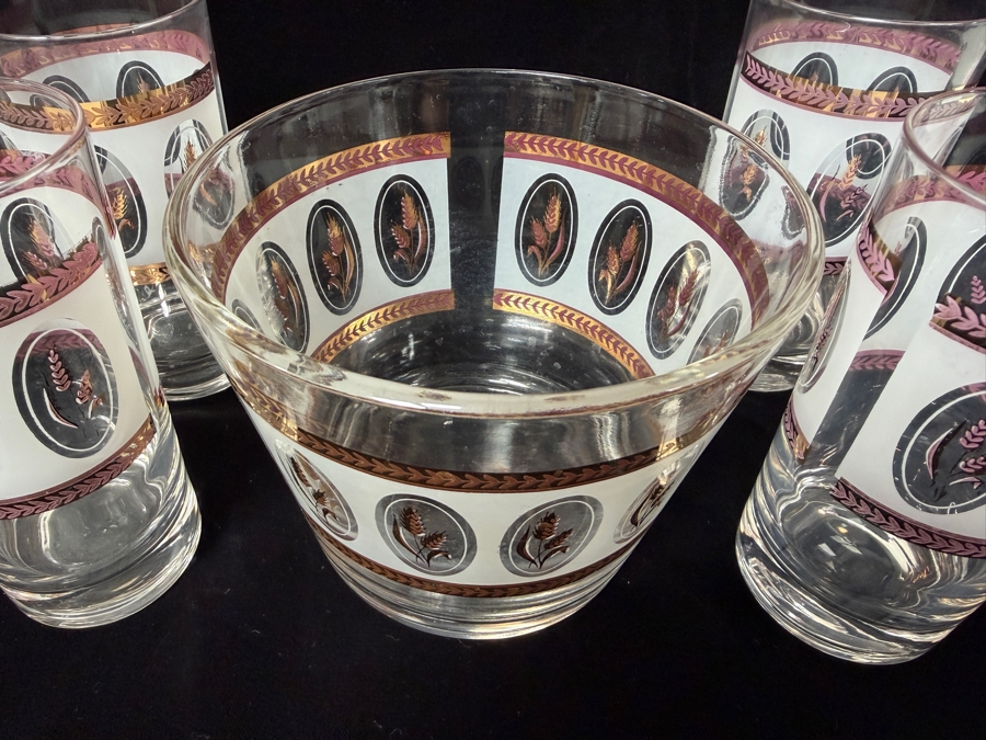 Vintage Brockway Glass Co. Golden Wheat Frosted Gold Trim Cocktail Tumblers and Matching Ice Bucket Set 5' - 5.5'H [Photo 3]