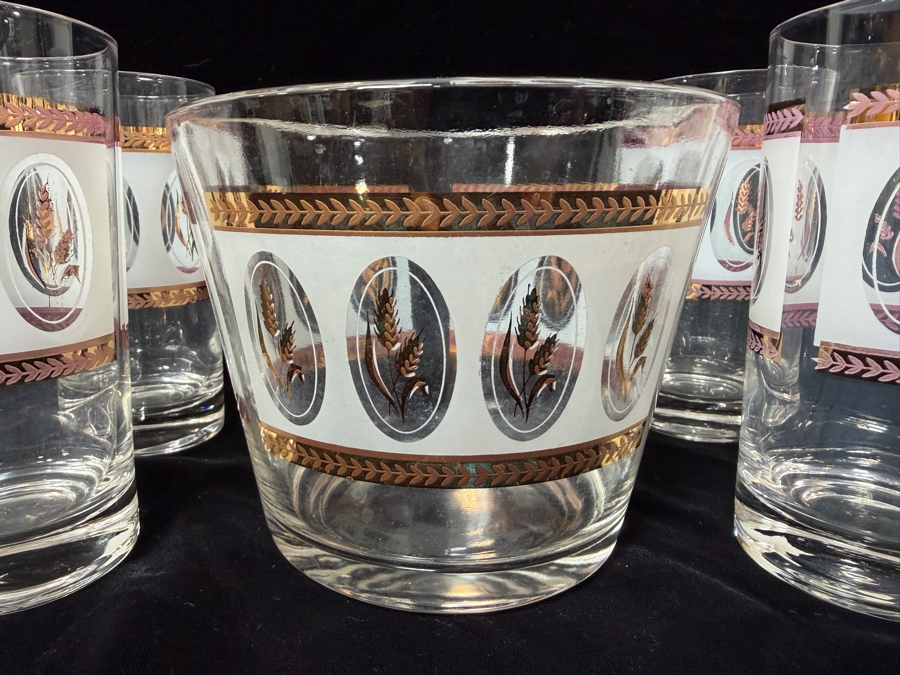 Vintage Brockway Glass Co. Golden Wheat Frosted Gold Trim Cocktail Tumblers and Matching Ice Bucket Set 5' - 5.5'H [Photo 2]