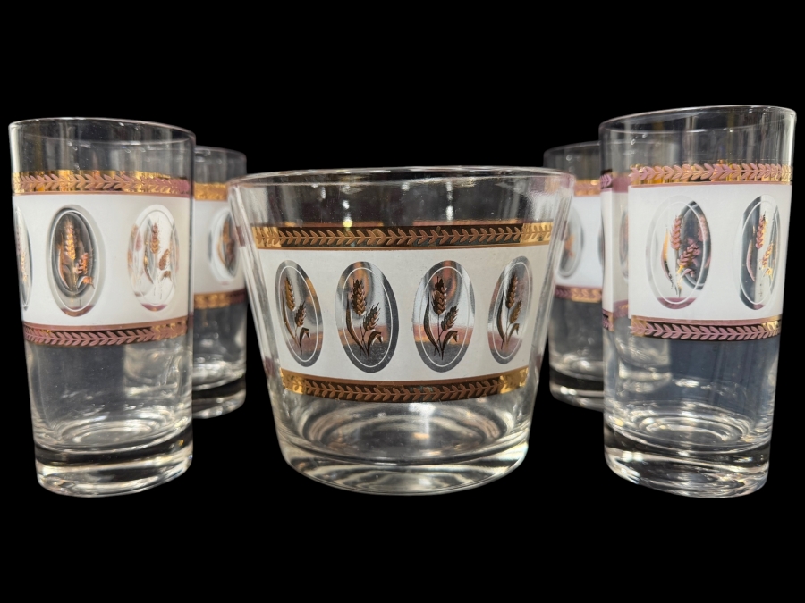 Vintage Brockway Glass Co. Golden Wheat Frosted Gold Trim Cocktail Tumblers and Matching Ice Bucket Set 5' - 5.5'H