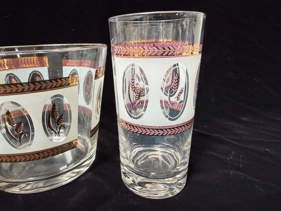 Vintage Brockway Glass Co. Golden Wheat Frosted Gold Trim Cocktail Tumblers and Matching Ice Bucket Set 5' - 5.5'H [Photo 4]