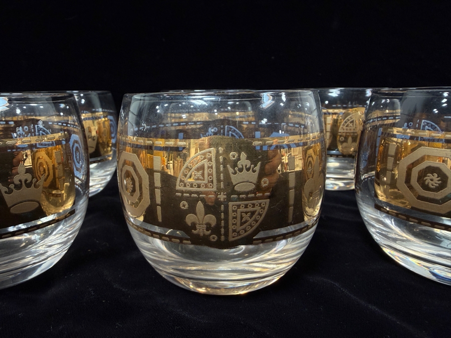 Set Of 6 Vintage Culver Coronet Mid-Century Modern 22k Gold Roly Poly Lowball Glasses With Heraldic Crest And Fleur-De-Lis Design 3.25'H [Photo 2]
