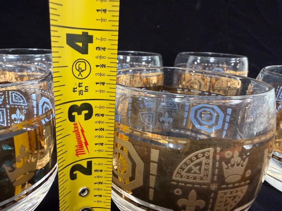 Set Of 6 Vintage Culver Coronet Mid-Century Modern 22k Gold Roly Poly Lowball Glasses With Heraldic Crest And Fleur-De-Lis Design 3.25'H [Photo 8]
