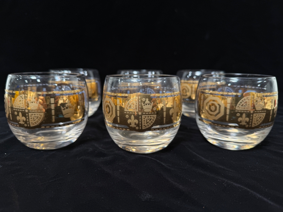 Set Of 6 Vintage Culver Coronet Mid-Century Modern 22k Gold Roly Poly Lowball Glasses With Heraldic Crest And Fleur-De-Lis Design 3.25'H [Photo 5]
