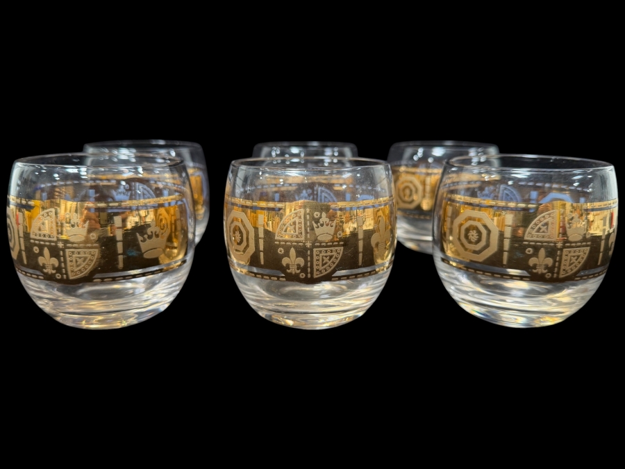 Set Of 6 Vintage Culver Coronet Mid-Century Modern 22k Gold Roly Poly Lowball Glasses With Heraldic Crest And Fleur-De-Lis Design 3.25'H