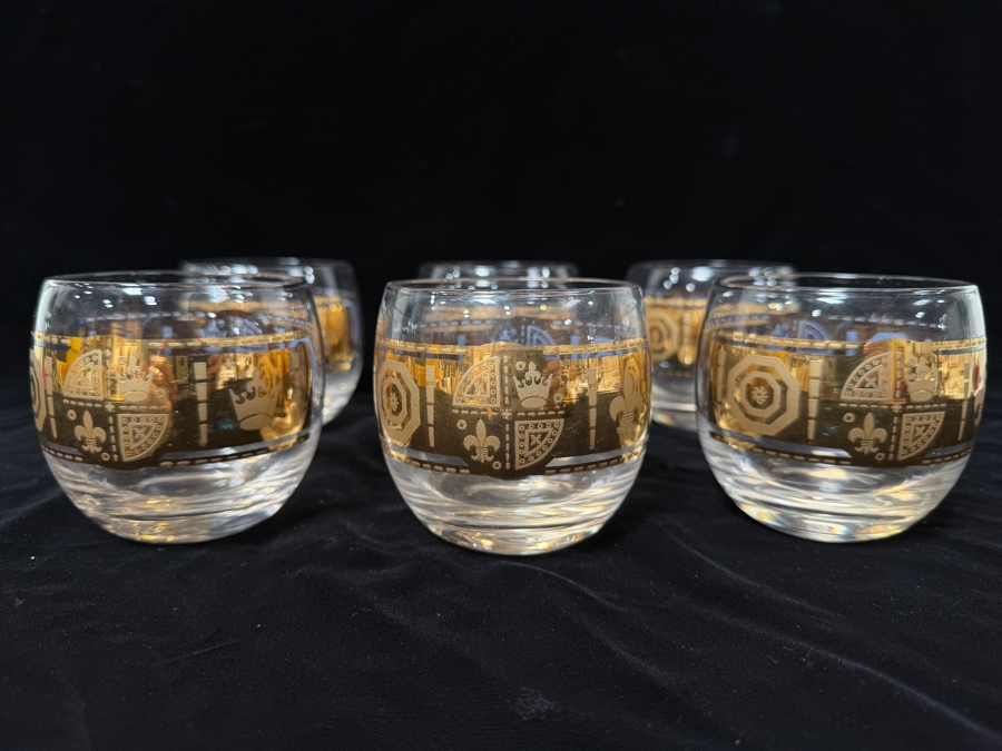 Set Of 6 Vintage Culver Coronet Mid-Century Modern 22k Gold Roly Poly Lowball Glasses With Heraldic Crest And Fleur-De-Lis Design 3.25'H [Photo 6]