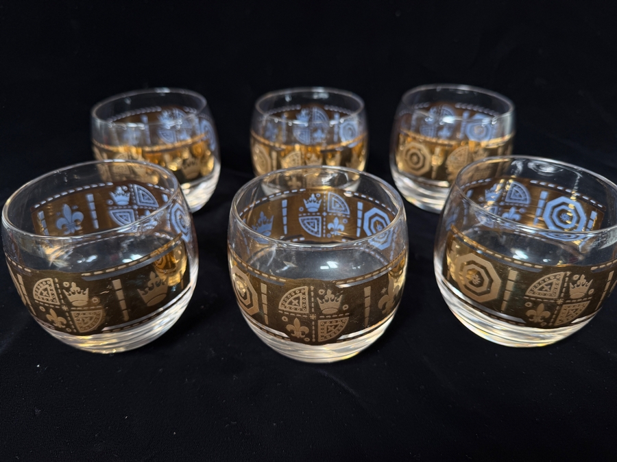 Set Of 6 Vintage Culver Coronet Mid-Century Modern 22k Gold Roly Poly Lowball Glasses With Heraldic Crest And Fleur-De-Lis Design 3.25'H [Photo 7]