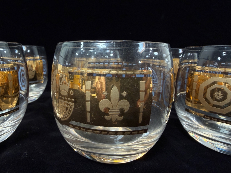 Set Of 6 Vintage Culver Coronet Mid-Century Modern 22k Gold Roly Poly Lowball Glasses With Heraldic Crest And Fleur-De-Lis Design 3.25'H [Photo 4]