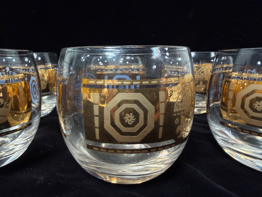 Set Of 6 Vintage Culver Coronet Mid-Century Modern 22k Gold Roly Poly Lowball Glasses With Heraldic Crest And Fleur-De-Lis Design 3.25'H [Photo 3]