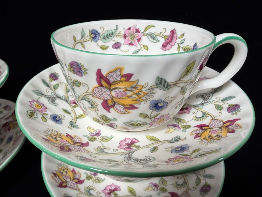 Minton Haddon Hall Fine Bone China Tea Cups and Saucers With Floral Chintz Pattern and Green Trim [Photo 2]