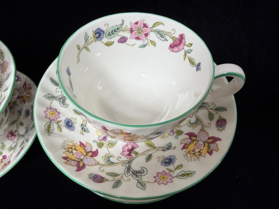 Minton Haddon Hall Fine Bone China Tea Cups and Saucers With Floral Chintz Pattern and Green Trim [Photo 3]