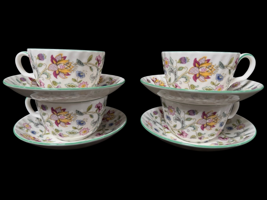Minton Haddon Hall Fine Bone China Tea Cups and Saucers With Floral Chintz Pattern and Green Trim