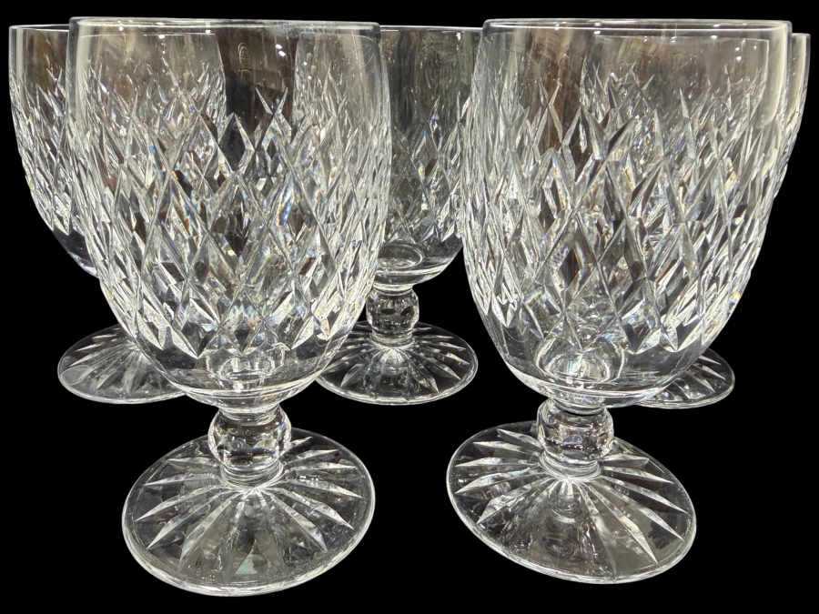 (5) Waterford Crystal Boyne Cut Foot Water Goblets With Authentic Star Cut Base 5.25'H Skinnier Diameter Than Previous Listing