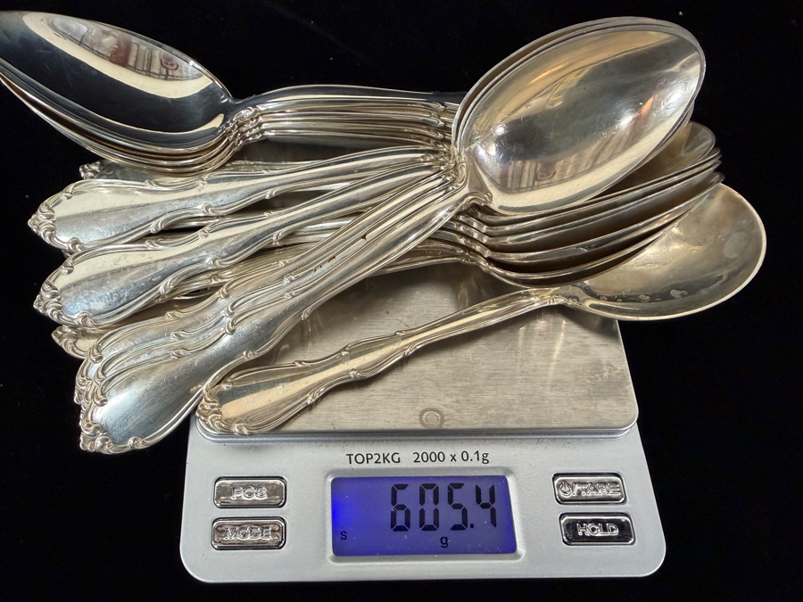 Like New Towle Sterling Silver Flatware Service For 12 With Serving Pieces - Sterling Silver Handled Knives Weigh 947.3g / Sterling Silver Flatware Weighs 2,023.3g [$4,417 Silver Melt Value Not Including Knives] [Photo 13]