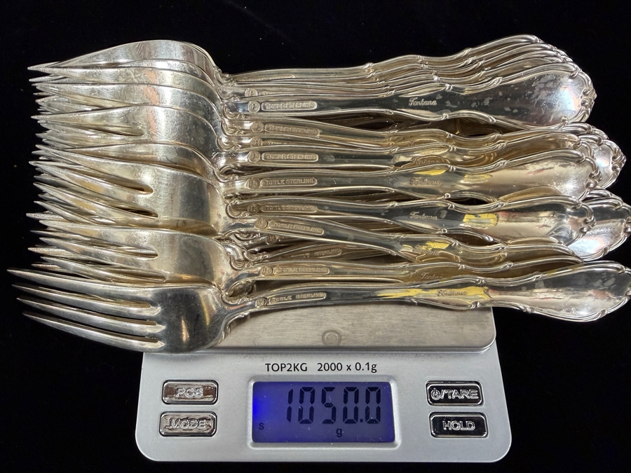 Like New Towle Sterling Silver Flatware Service For 12 With Serving Pieces - Sterling Silver Handled Knives Weigh 947.3g / Sterling Silver Flatware Weighs 2,023.3g [$4,417 Silver Melt Value Not Including Knives] [Photo 14]