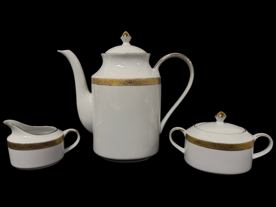 Timeless Treasures Gold Porcelain Coffee And Tea Service Set, 22-Karat Gold Trim, Pattern 9727 9.75'H