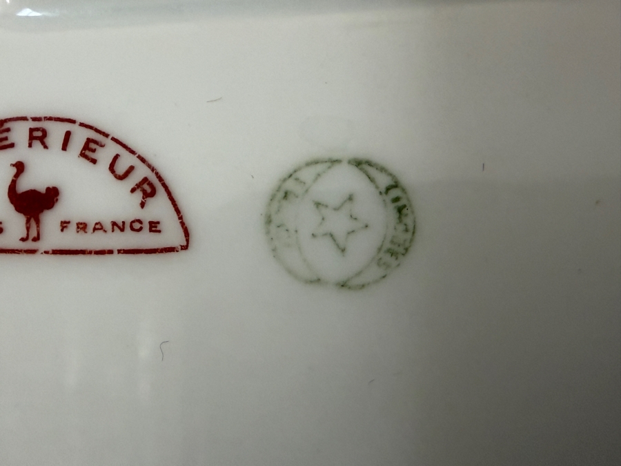 Antique Legrand Superieur Limoges France Porcelain Backstamp Featuring Red Ostrich Decorator's Mark And Green Factory Star Logo Underglaze 12'W X 7'H [Photo 6]