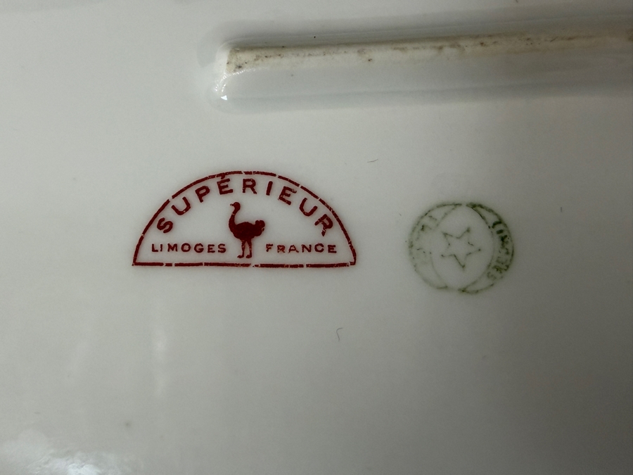 Antique Legrand Superieur Limoges France Porcelain Backstamp Featuring Red Ostrich Decorator's Mark And Green Factory Star Logo Underglaze 12'W X 7'H [Photo 5]