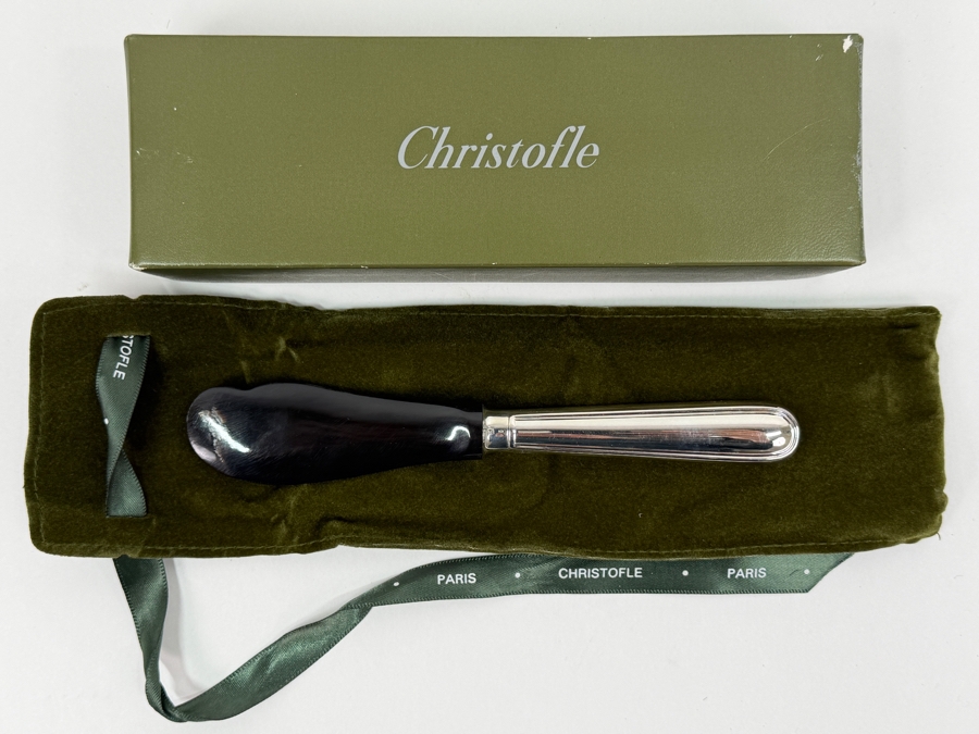 Christofle Malmaison Caviar Spreader With Silver-plated Handle, Black Buffalo Horn Tip And Original Box 6.5'L [Photo 2]