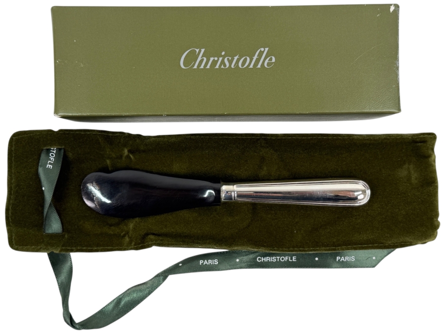 Christofle Malmaison Caviar Spreader With Silver-plated Handle, Black Buffalo Horn Tip And Original Box 6.5'L