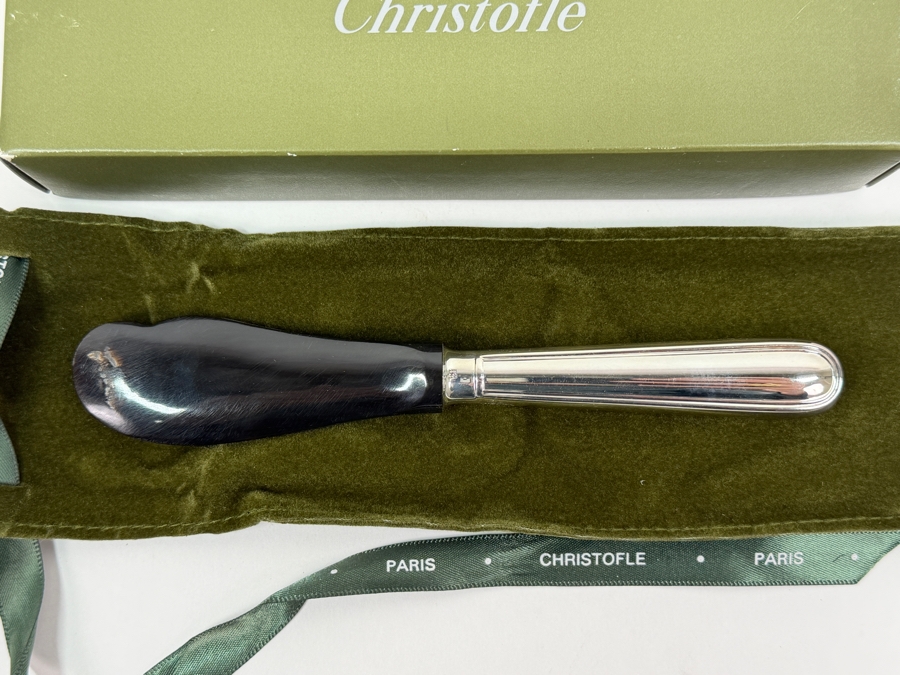 Christofle Malmaison Caviar Spreader With Silver-plated Handle, Black Buffalo Horn Tip And Original Box 6.5'L [Photo 3]