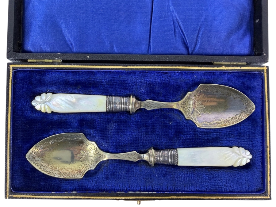 Antique Boxed Victorian Silverplate Serving Set With Mother Of Pearl Handles
