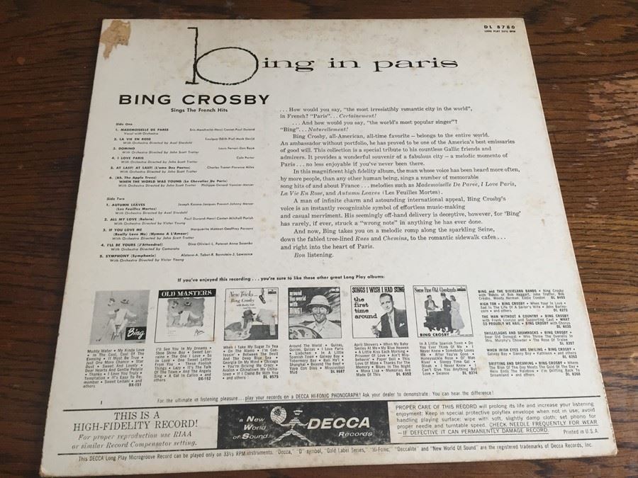 Bing Crosby ‎- Bing In Paris - Decca ‎- DL 8780 [Photo 2]