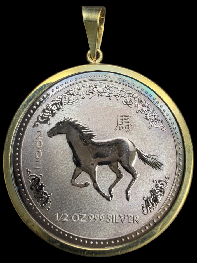 2002 1/2oz. Silver Australian Year Of The Horse Coin (16.886g / 99.9 Silver) Mounted As A Pendant Framed In 14k Yellow Gold 18.1g